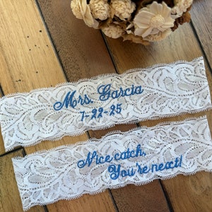 Wedding Garters, Custom Bride Garters, Personalized Mrs. Garter Set, Bridal Shower Gift, Something Blue, Wedding Day Accessories