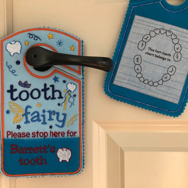 Tooth fairy door hanger, personalized tooth pocket, Please stop here, fairy money pocket, custom,alternative to tooth pillow,boy,girl