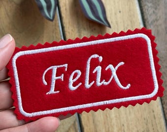 Iron-on Fabric Name patch, Embroidered patch with jagged edging, 4x2 inches