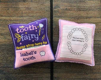 Tooth Fairy Pillow Personalised with Child's Name, Small Pillow with Tooth Chart and Pocket for Money Exchange, Unique Christmas Gift Kids