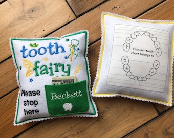 Personalized Tooth fairy pillow with tooth chart, custom tooth holder with pocket, stocking stuffer and birthdayday gift for kids