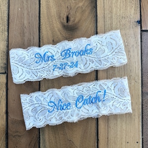 Something Blue Wedding Garters for Bride Personalized with Embroidery, Custom tailored size from Petite to Plus Size