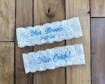 Algo azul para la boda de la novia, ligas de encaje para novia personalizadas con bordado, talla personalizada desde pequeña hasta talla grande