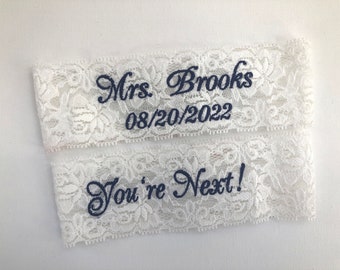 Personalized Bridal Lace Garters for Brides with Embroidery, Custom Fit Mrs Garters, Petite to Plus Sizes