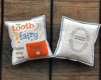 Tooth fairy pillow Personalized with tooth chart, custom tooth holder with pocket, stocking stuffer and birthday gift for kids