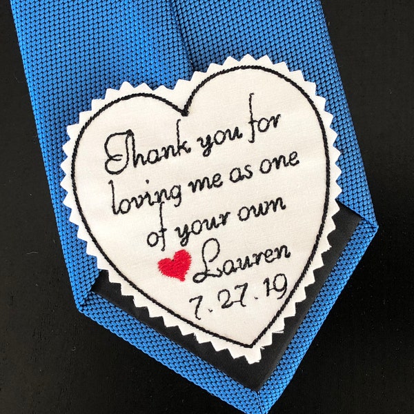 Custom Stepfather of Bride Tie Patch, Personalized Embroidered Wedding Heart Tie Patch,  Stepdad wedding gift, Thank you for loving me