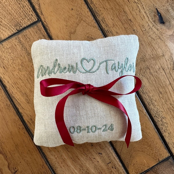 Custom Ring Bearer Pillow in Natural Linen, Embroidered Square Wedding Ring Pillow, Personalized 5x5 Inches Ring Holder with Ribbon