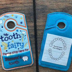 Tooth fairy door hanger personalized tooth pocket with tooth chart, tooth holder, custom child birthday gift, Christmas stocking stuffer