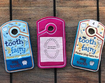 Tooth fairy door hanger boys and girls with tooth chart and money pocket, tooth pillow replacement