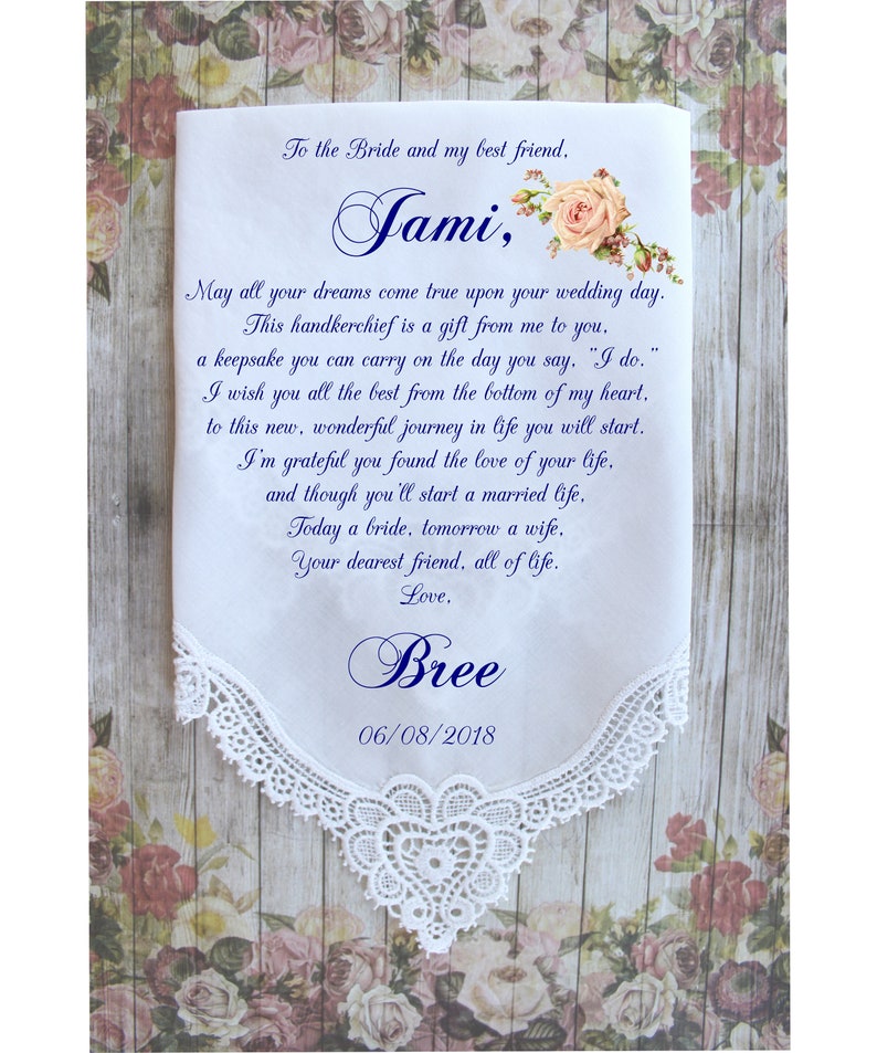 Custom Gift for the Bride from her Best Friend, Personalized Handkerchief for the Bride, Something blue for the bride image 1