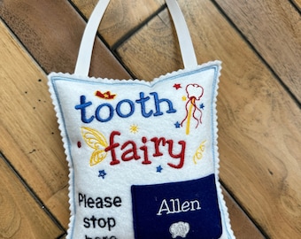 Personalized Tooth fairy pillow with tooth chart and hanging string, custom tooth holder with pocket, Kids stocking stuffer & birthday gift