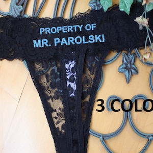 Bridal Lingerie, Personalized Anniversary Thong- Property Of Mr, Honeymoon Lingerie-blue, black, Bride Panties, Bachelorette gift