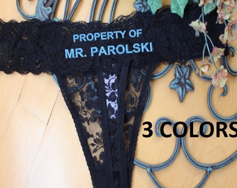 Bridal Lingerie, Personalized Anniversary Thong- Property Of Mr, Honeymoon Lingerie-blue, black, Bride Panties, Bachelorette gift