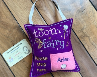 Cuscino personalizzato per la fatina dei denti in rosa e viola con schema dei denti, porta denti personalizzato con tasca, regalo di compleanno di Natale per bambini