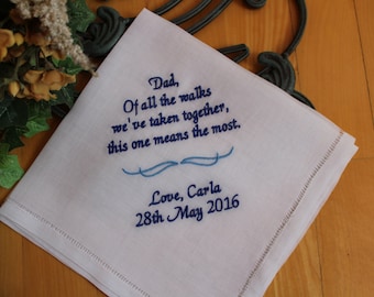 Personalized Father of the Bride Gift, Embroidered Wedding Handkerchief, 100% Linen in Off white, Of all the walks we've taken