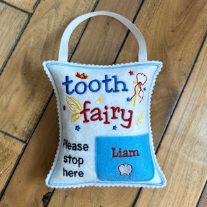Personalized Blue Tooth fairy pillow with tooth chart and hanging string, custom pillow with pocket, Kids stocking stuffer & birthday gift