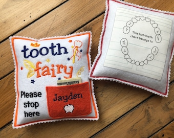 Personalized Tooth fairy pillow for Boys with tooth chart in the back, custom tooth pillow with pocket, Christmas Gift for kids,