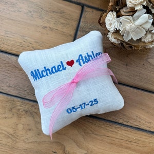 Custom Ring Bearer Pillow in White Linen, Embroidered Square Wedding Ring Pillow, Personalized 5x5 Inches Ring Holder with Ribbon