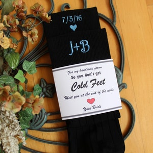 Wedding Socks, Grooms socks, black, So you Don&#39;t Get Cold feet. Meet you at the end of the Aisle. Personalized Socks. groom gift