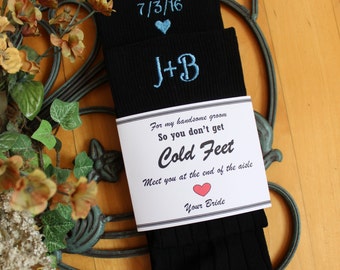 Wedding Socks, Grooms socks, black, So you Don't Get Cold feet. Meet you at the end of the Aisle. Personalized Socks. groom gift