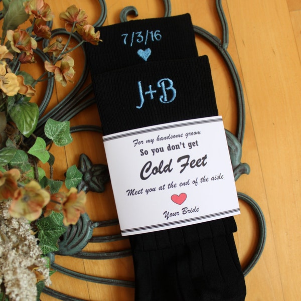 Wedding Socks, Grooms socks, black, So you Don't Get Cold feet. Meet you at the end of the Aisle. Personalized Socks. groom gift