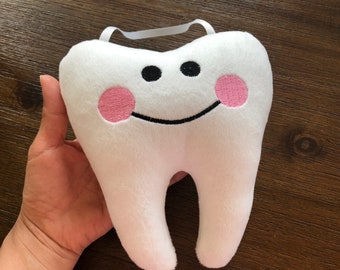 Tooth Fairy Pillow Plush Personalized with Ribbon Hanger and Pocket, Tooth Plushie, Christmas Stocking Stuffer for Kids