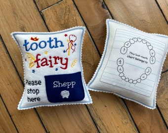 Personalized Tooth fairy pillow boy with tooth chart, custom tooth holder with pocket, stocking stuffer and birthday gift for kids