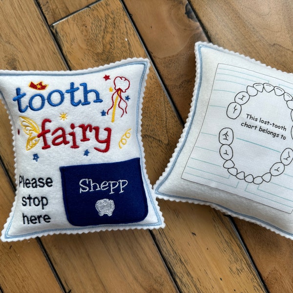 Personalized Tooth fairy pillow boy with tooth chart, custom tooth holder with pocket, stocking stuffer and birthday gift for kids