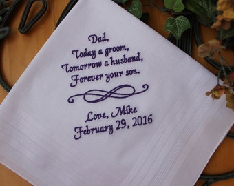 Father of the Groom Embroidered Handkerchief Personalized, Custom pocket square infinity sign gift from groom to dad