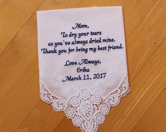 Mother of the Bride Handkerchief Personalized, Custom Embroidery Wedding Handkerchief, Mom Gift