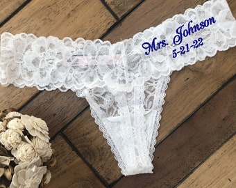 Bride Thong Panties Personalized from Victoria's Secrets, Last Name Bridal in Coconut White, Mrs Thongs Knickers, Groom's Gift