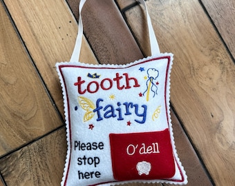 Personalised Tooth fairy pillow with Hanging String and tooth chart in the back