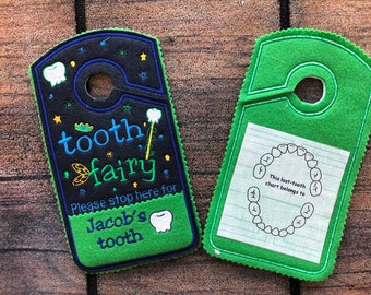 Tooth fairy door hanger, personalized tooth pocket, Please stop here, fairy money pocket, custom,alternative option to tooth pillow,boy,girl