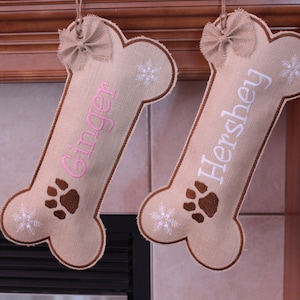 Personalized Dog Bone Christmas Stocking, Custom Handmade Burlap Pet Stocking with Embroidery
