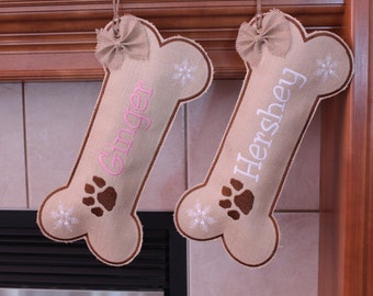 Personalized Dog Bone Christmas Stocking, Custom Handmade Burlap Pet Stocking with Embroidery