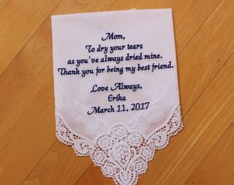 Personalized Mother of the Bride Wedding Hankerchief, Custom Embroidered White Lace Handkerchief Gift for Mom