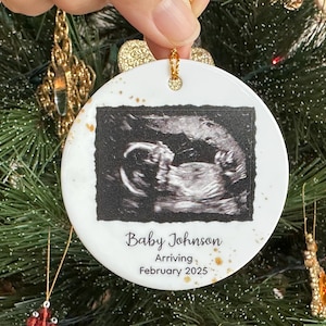 Baby Ultrasound Photo Ceramic Ornament, Personalized Holiday Expecting Dad and Grandparents Gift, Christmas Pregnancy Announcement