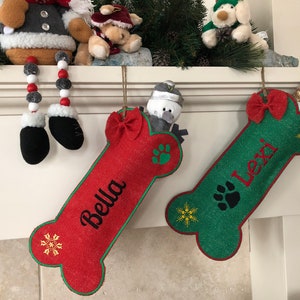 Holiday Stocking Pet Personalised, Burlap Dog stocking with Pawpring, Bow and Snowflake, Named Bone Stocking, Christmas stocking for dog