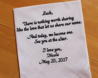Groom Embroidered Wedding Pocket Square and Handkerchief Gift from the Bride Personalized with Embroidery