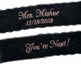Personalized Black Lace Wedding Garters for Brides, Custom Embroidered Mrs Garters, Bridal Wear in all sizes from Petite to Plus Sizes