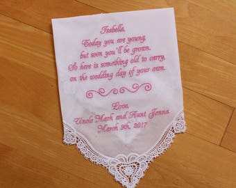 Flower girl Handkerchief, Wedding Hankerchief, EMBROIDERED-CUSTOMIZED-Wedding Gift-Flower girl gift-personalized-today you are young