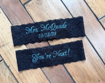 Black Lace Wedding Garters, Bride Garters, Custom Mrs Monogrammed Garters, Bridal Lace Garter Custom, Plus Size, Petite Size