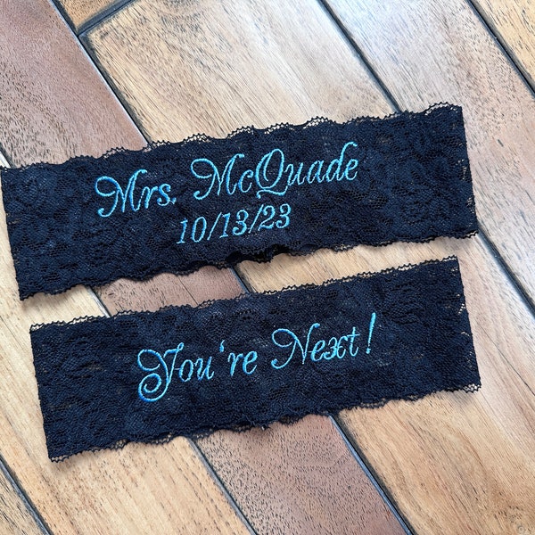 Black Lace Wedding Garters, Bride Garters, Custom Mrs Monogrammed Garters, Bridal Lace Garter Custom, Plus Size, Petite Size