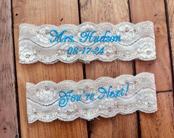 Bridal Mrs Garters Set of 2 in Rustic Antique White Lace with Gold Accents Personalized Embroidery with Last Name and You're Next garters