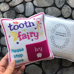 Custom Handmade Pink Tooth fairy pillow for Girls, Personalized tooth pillow with pocket and tooth chart, also in Green, blue and purple