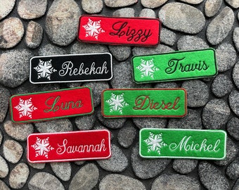 Name Patch 6"x2" for Christmas Stocking, Iron-On, Velcro, or Plain Back, Personalized Christmas Stocking Patch with Embroidered Snowflake