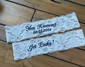 Embroidered Wedding Garters for Bride, Custom Fit Mrs Bridal Lace Garters, Keepsake and Toss Garter Set, Petite to Plus Sizes