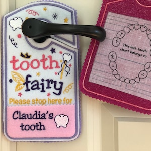 tooth fairy door hanger personalized with money pocket for tooth exchange, tooth fairy please stop here, custom embroidery