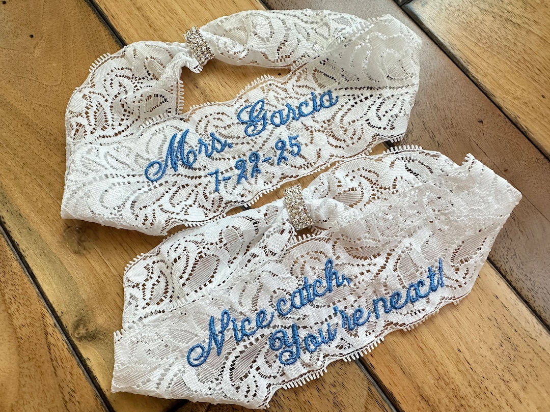 Custom Wedding Garters With Rhinestones, Personalized Bridal Garters