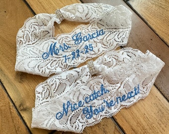 Custom Wedding Garters with Rhinestones, Personalized Bridal Garters, Mrs Lace Bride Garter from Petite to Plus Size